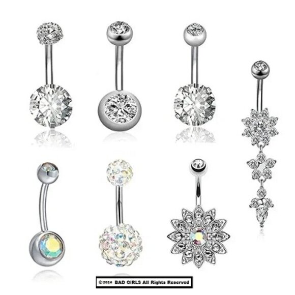 7-Piece Stainless Steel Zircon Silver Navel Ring Set - Picture 3 of 9